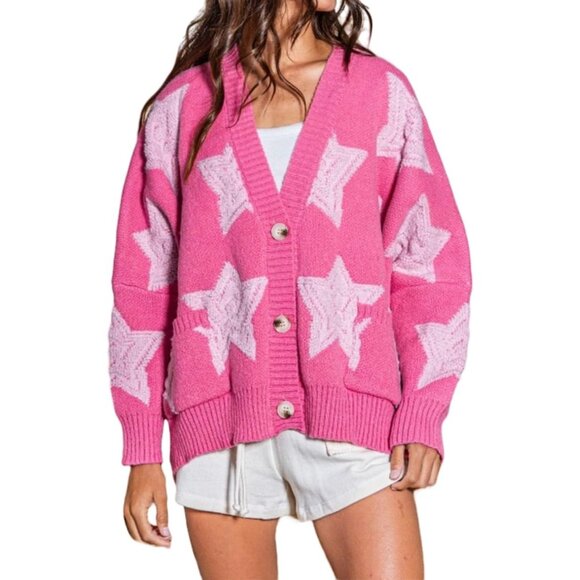 Women's Knit Cardigan V-Neck Drop Shoulder Button Front Oversized Stars
